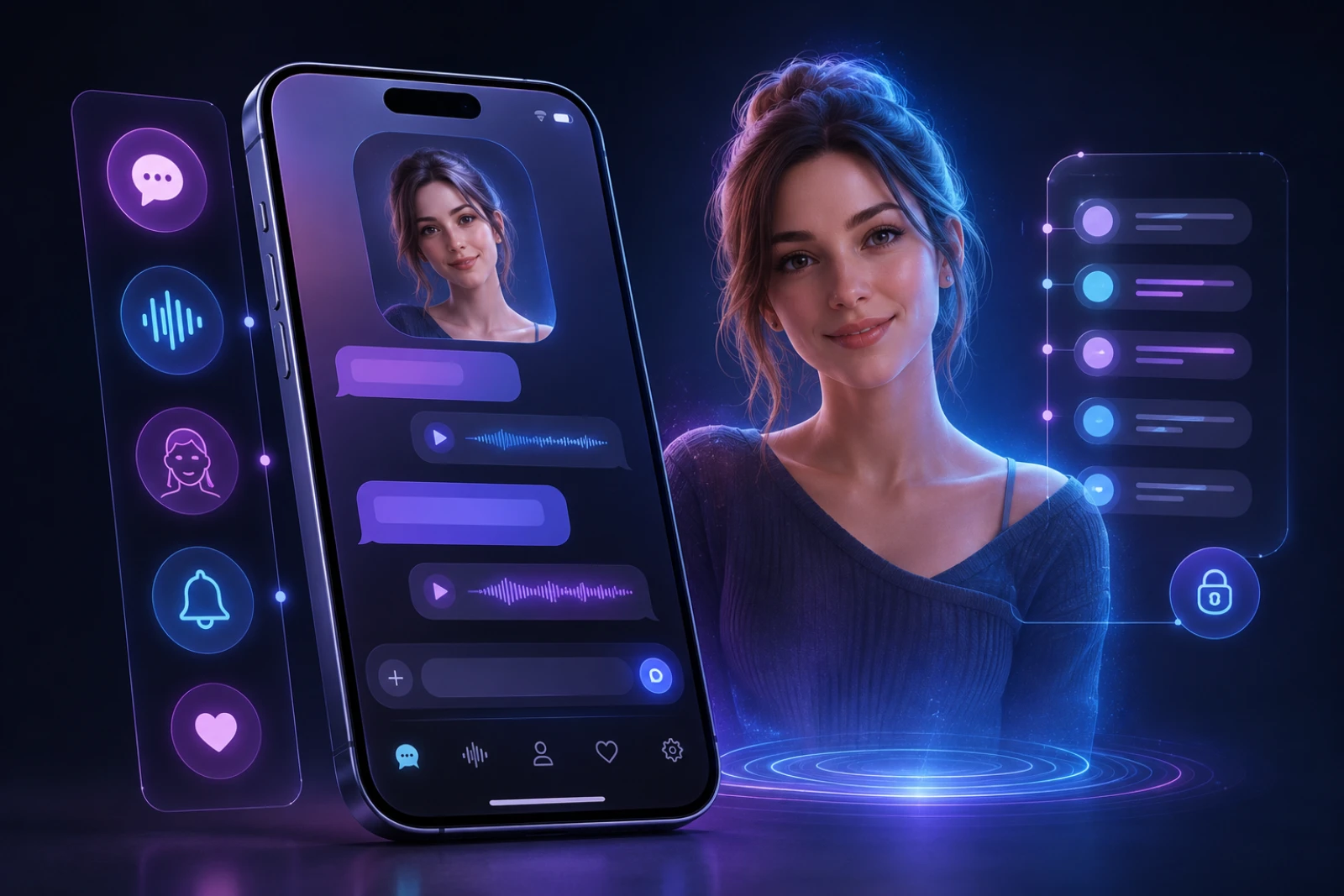 AI girlfriend app on iPhone with chat, voice and privacy controls